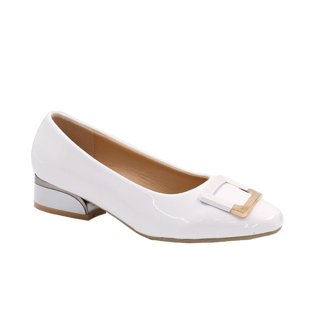 Ladies Patent Pu Low Heel With Gold Trim – White