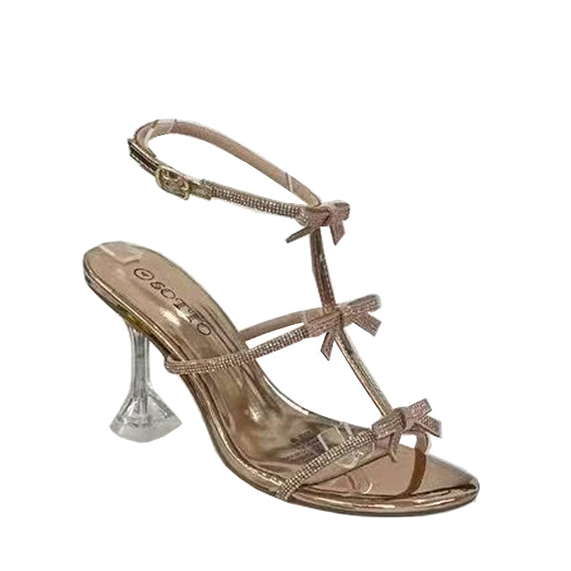 Ladies Bow Detail Clear Kitten Heel Sandal &#8211; Champagne