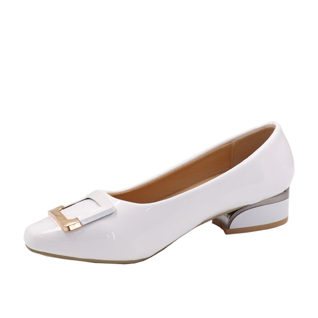 Ladies Patent Pu Low Heel With Gold Trim – White